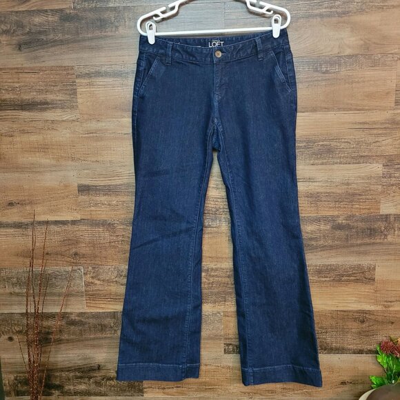 Loft Jeans 6 Curvy Trouser Flare Low Rise Button Flap Dark Wash Denim Preppy - Picture 1 of 11